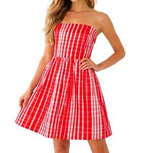 Vineyard Vines Red Gingham Strapless Fit & Flare Dress Size 4 Tomato Red‎ Check